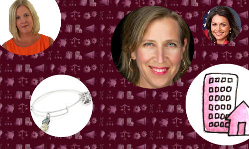 Clockwise from top: Solar Energy Industries Association' Abigail Ross Hopper; Susan Wojcicki; Rep. Tulsi Gabbard; real estate icon; and an Alex and Ani bracelet.