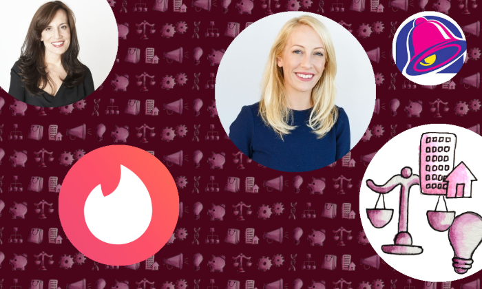 Left to right: Barney's Daniella Vitale; Tinder logo; Eventbrite's Julia Hartz; Taco Bell logo.