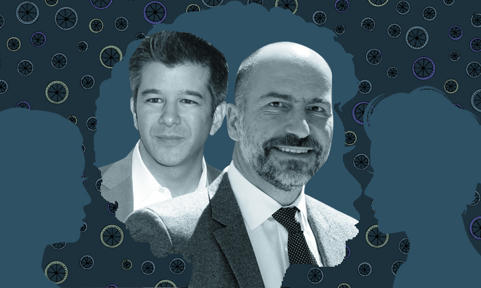 Uber's ex-CEO, Travis Kalanick (left) and current CEO, Dara Khosrowshahi.