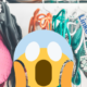Image of swimsuits and a screaming emoji