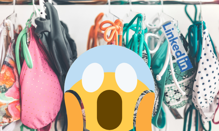 Image of swimsuits and a screaming emoji