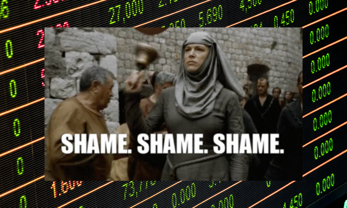 Game of Thrones "shame" image with stock ticker background