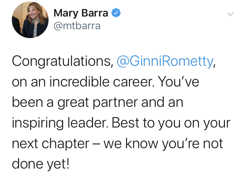 Mary Barra tweet regarding Ginni Rometty