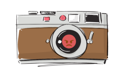 Vintage camera with angry face in lens