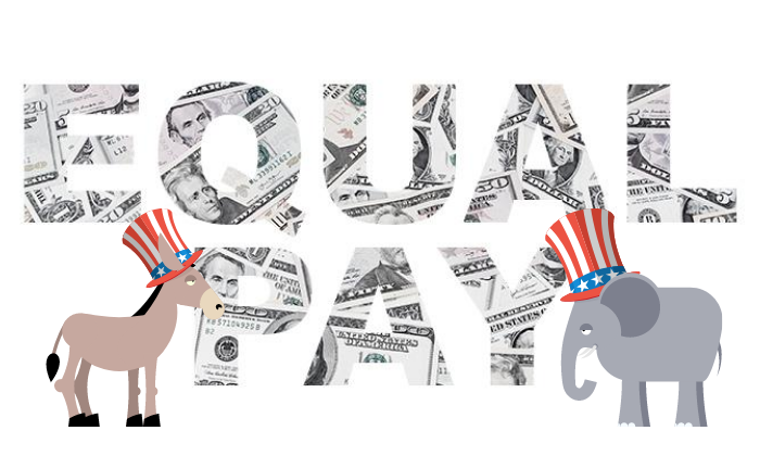 Equal Pay text with Democratic and Republican symbols