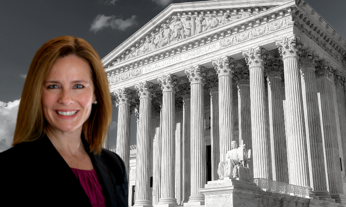 Justice Amy Coney Barrett with Supreme Court building
