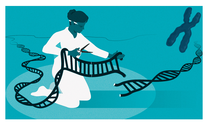 Jennifer Doudna and Emmanuelle Charpentier - Illustration of a scientist editing a gene