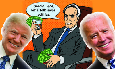 Businessman smoking, drinking with cash in his hand. Donald Trump, left, Joe Biden, right.
