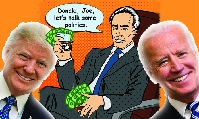 Businessman smoking, drinking with cash in his hand. Donald Trump, left, Joe Biden, right.