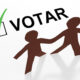 Two paper people of color with a Spanish votar checkbox and a green checkmark in a 3d illustration.