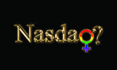 Nasdaq written in gold with rainbow female symbol