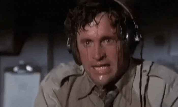 Sweating pilot in "Airplane"